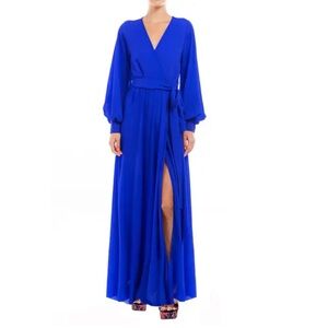 Meghan LA Blue Wrap Gown with Bishop Sleeves